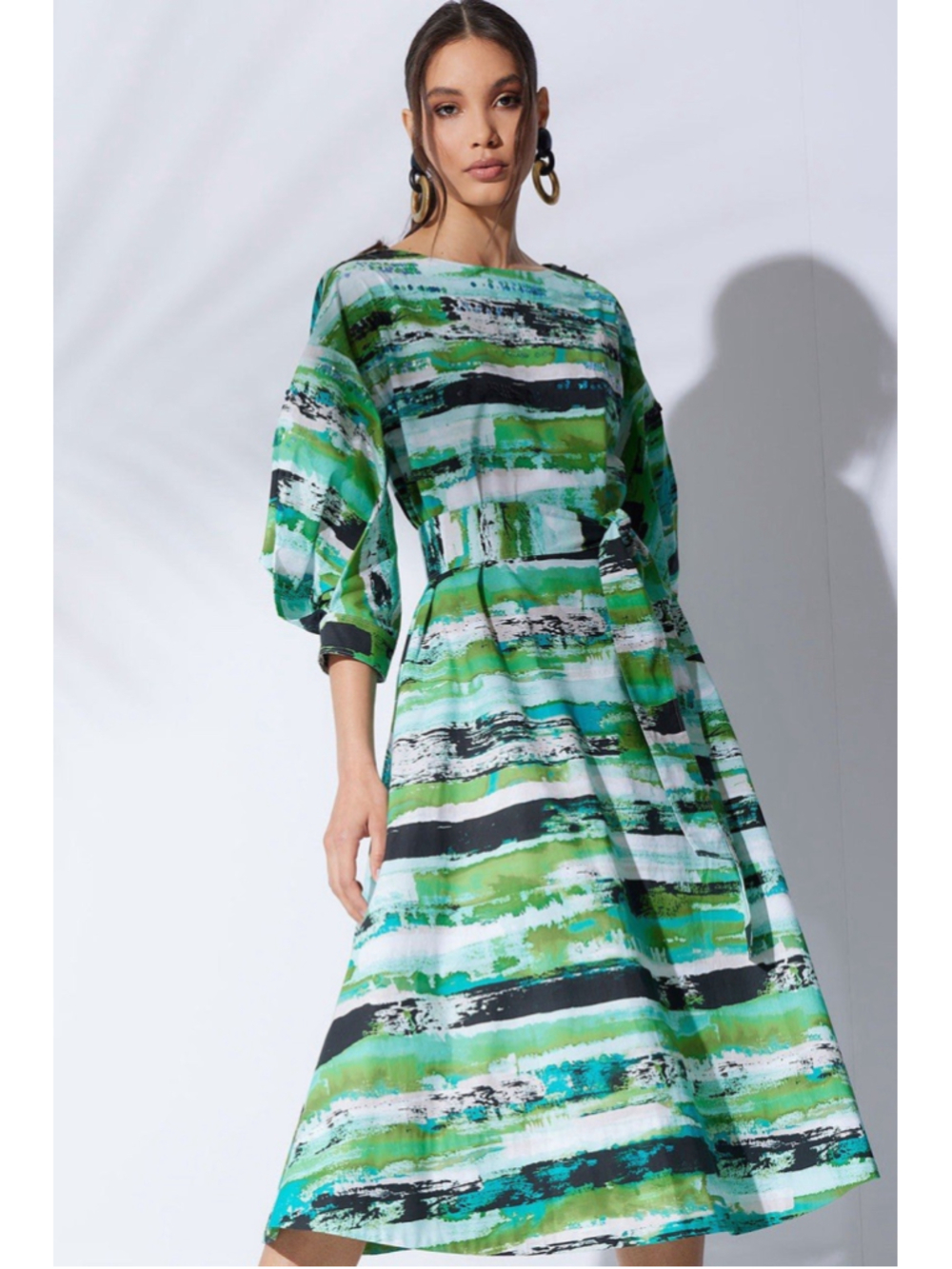 Natori Kazuki Poplin Boat Neck Belted Midi Dress Teal Abstract 3/4 Slv Sequins S